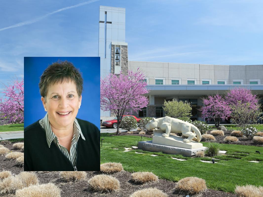 A photo of a woman smiling superimposed over a photo of the front entrance of a hospital