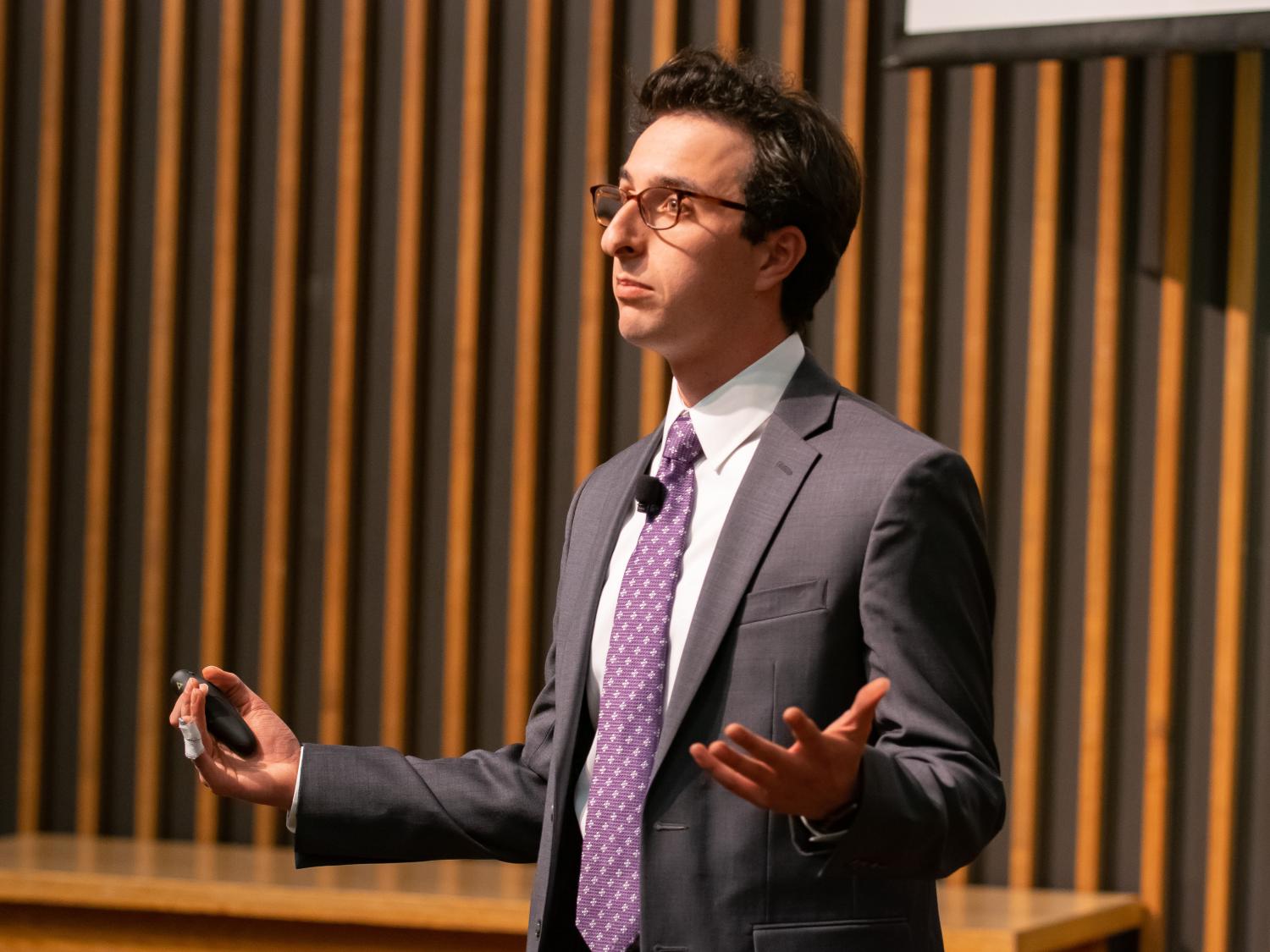 Jared Bunch, a junior studying mechanical engineering, presenting at the Leonhard Speaking Contest.