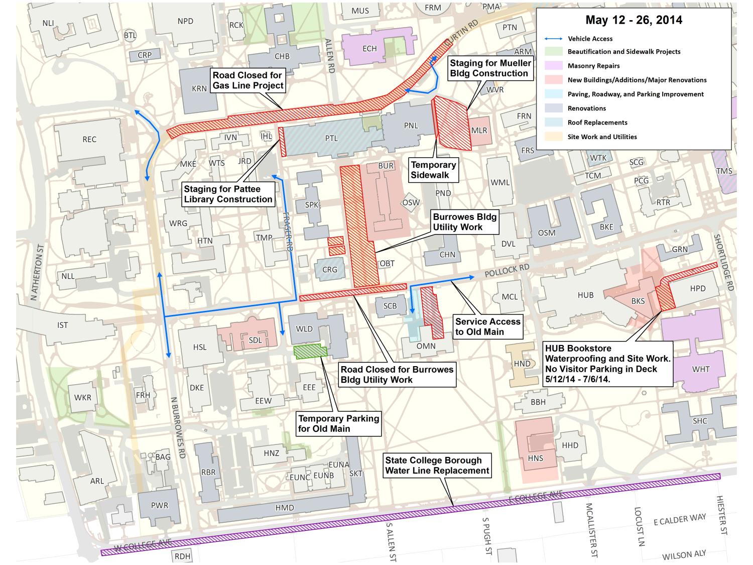 A campus map showing various projects
