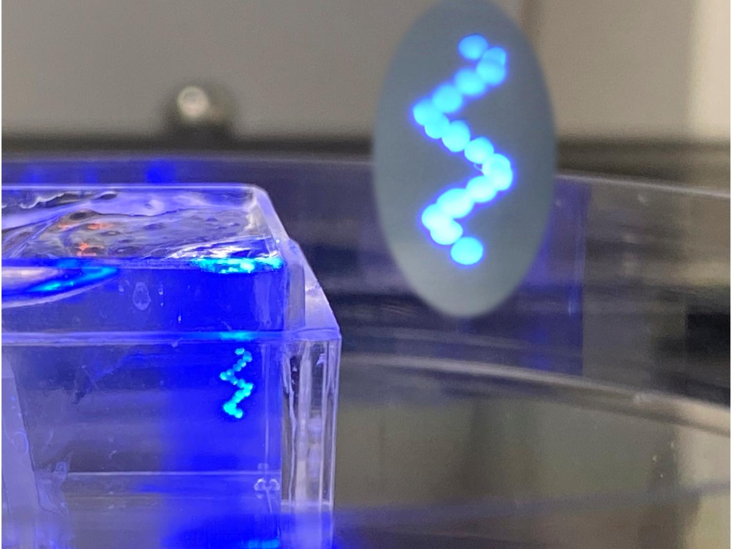 Blue gel block with helix of spheroids embedded and helix detail