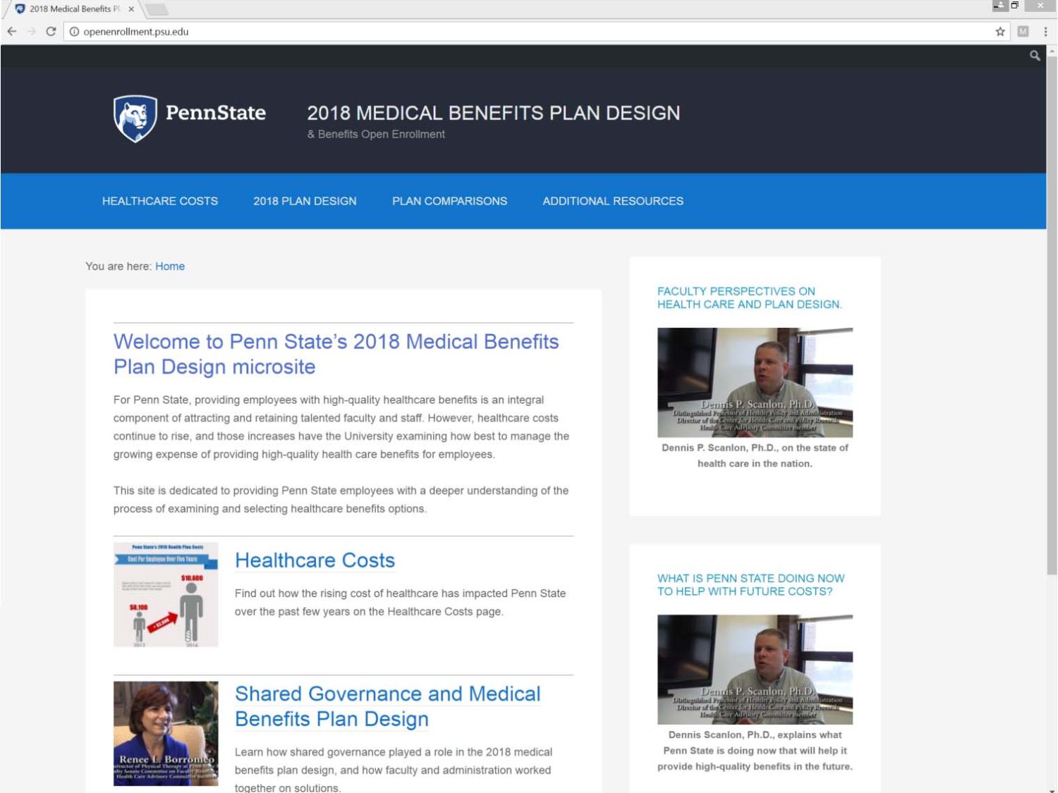 Screen capture of 2018 medical benefits plan design microsite