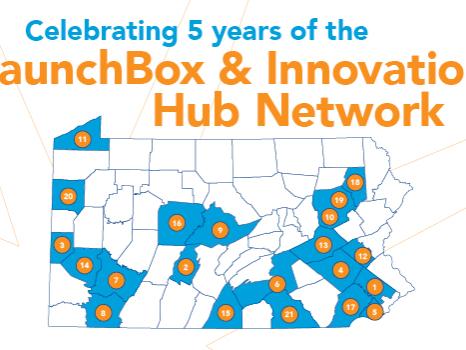Celebrating 5 years of the LaunchBox & Innovation Hub Network, with a map of PA showing where each hub is located across the state
