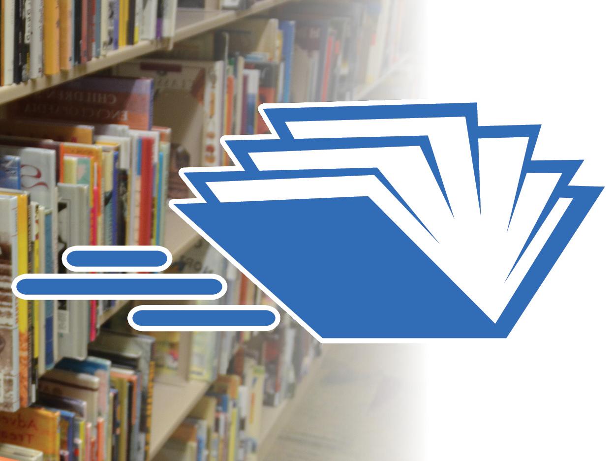 photo of full bookshelves with open book graphic overlaid and drawn as if moving off shelf