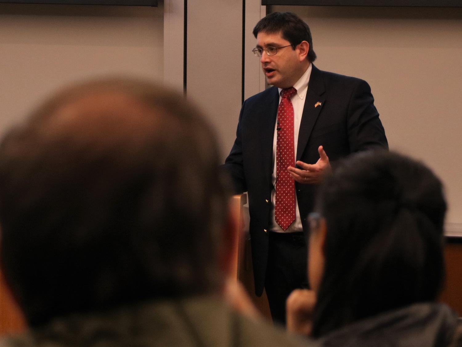 Miguel Fraga, First Secretary at the Cuban Embassy, speaks at the School of International Affairs on Tuesday, January 31.