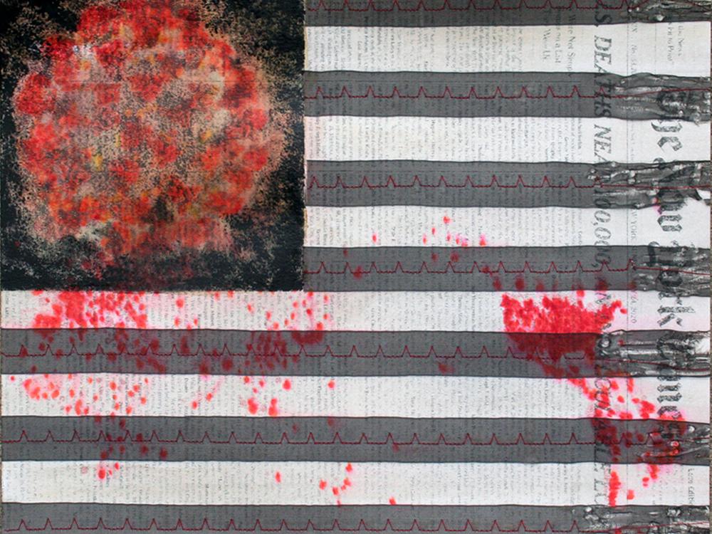 An image resembling an American flag with red coronavirus image in upper left and gray stripes