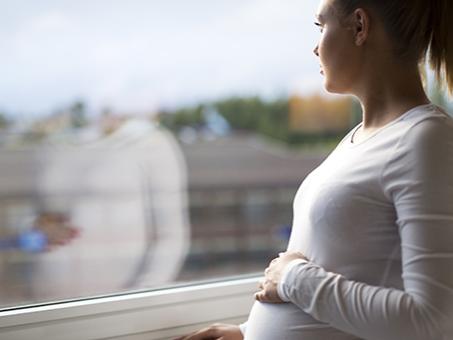 A pregnant woman looks out the window.