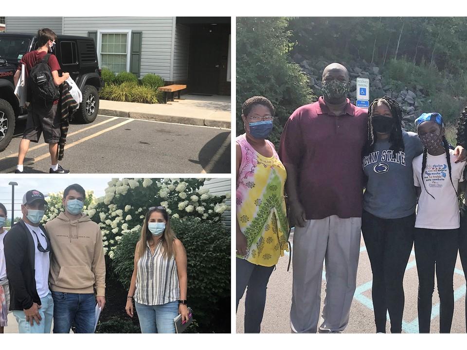 photo collage of two families posing for a photo on moving in day and a student carrying belongings into his new apartment