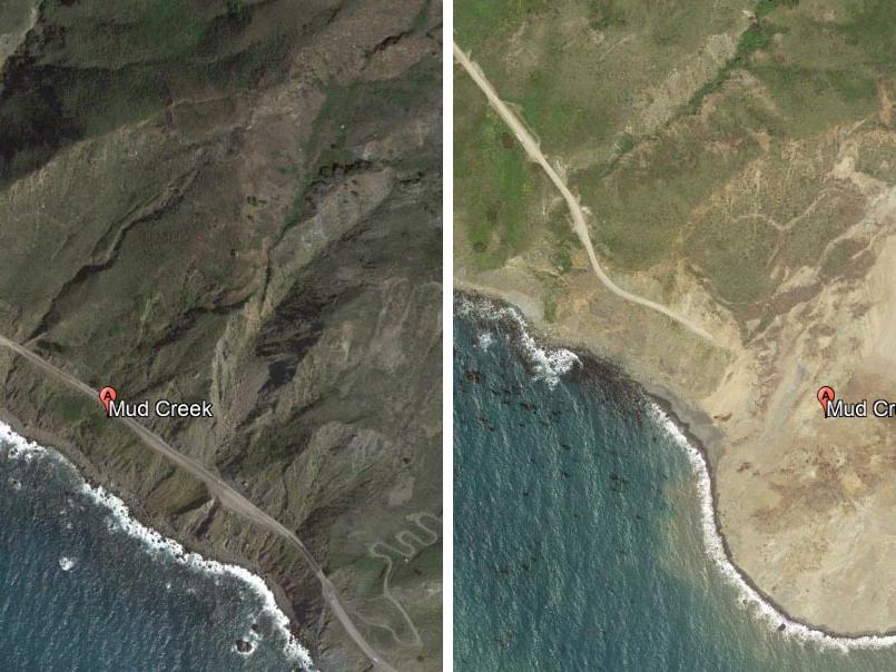 Google Earth images before and after the Mud Creek landslide that occurred near Big Sur, California