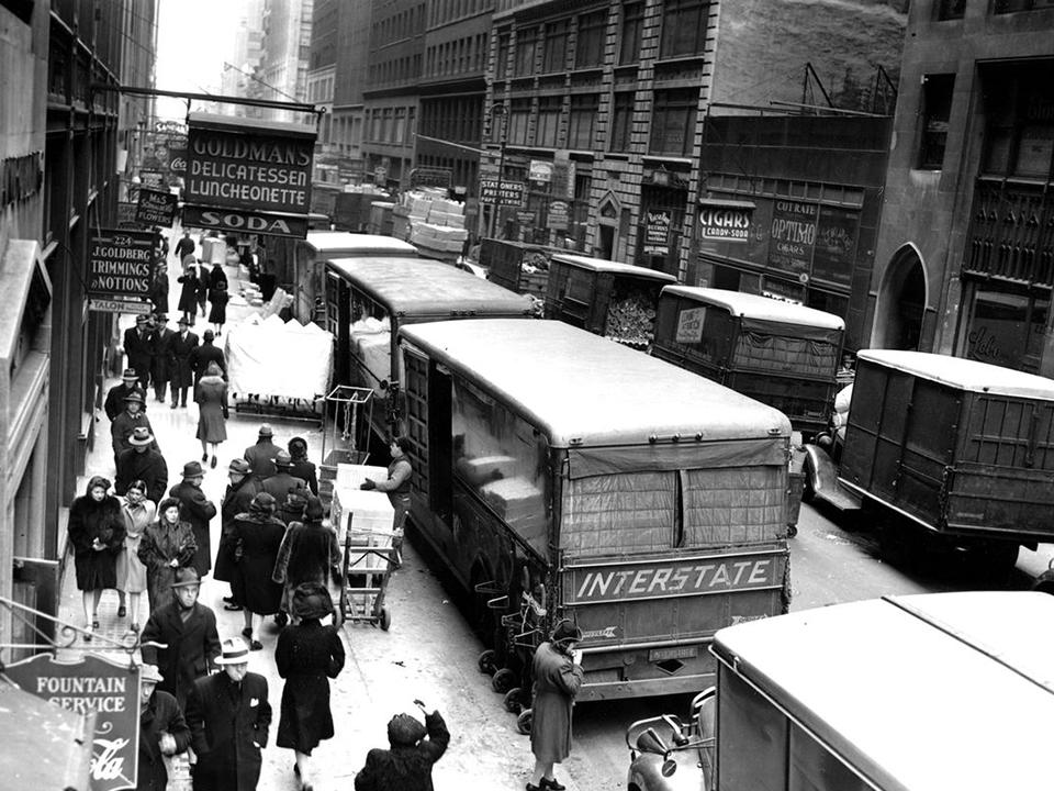black and white photo of garment district in New York City, 1943