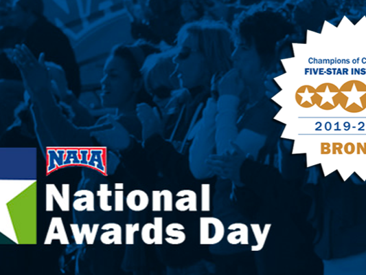 Duo-tone image with cheering crowd with two NAIA logos