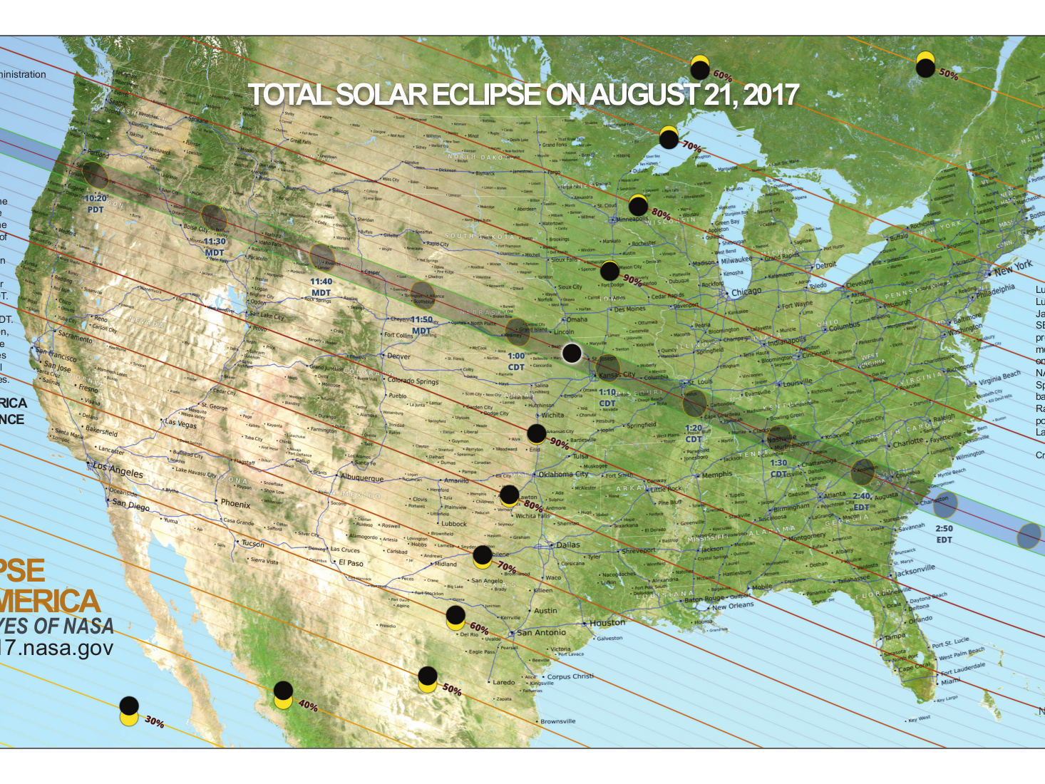 This unique map shows the path of the moon’s umbral shadow—in which the sun will be completely obscured by the moon—during the total solar eclipse of Aug. 21, 2017, as well as the fraction of the sun’s area covered by the moon outside the path of totality