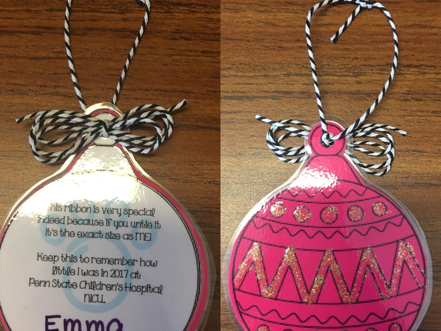 Two side-by-side images of laminated Christmas tree ornaments.