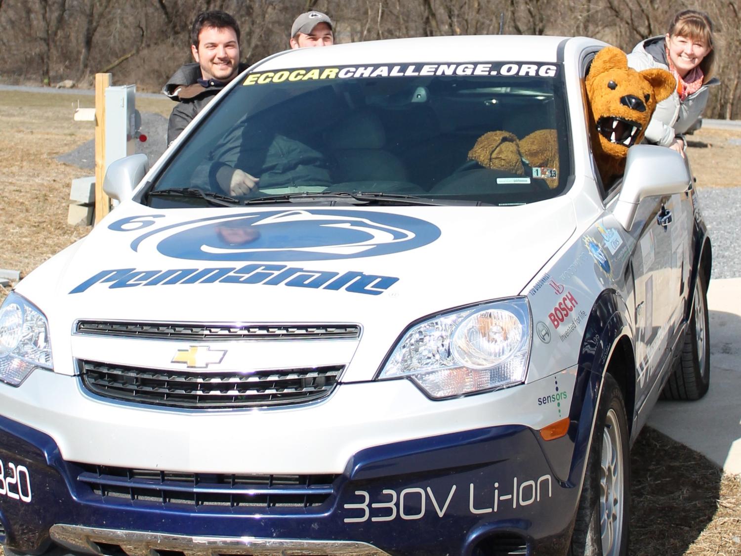 The Nittany Lion took the driver's seat in the EcoCar2 with team members Mike Frey, Chris Golecki and Taylor Kidd.