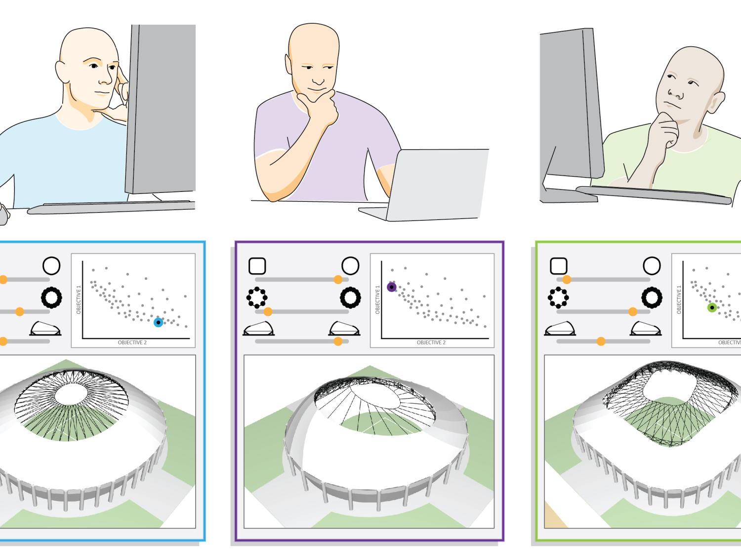 An illustration of a designer pondering a computer design of a stadium. 
