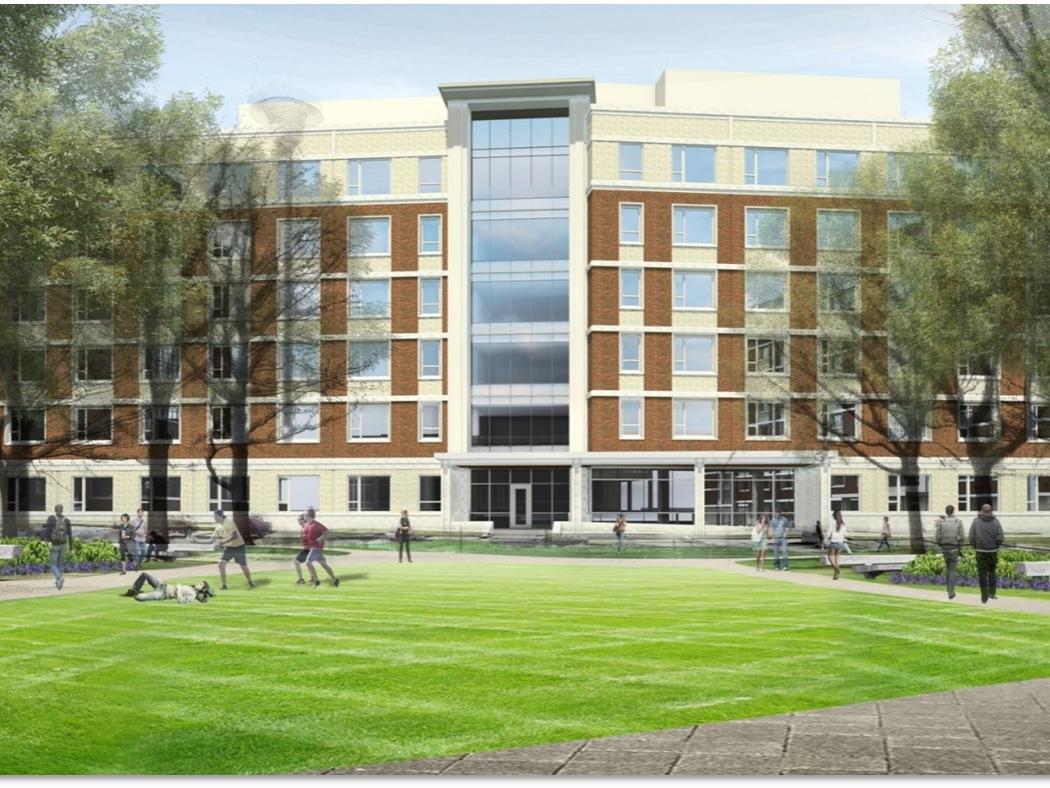 Architectural drawing of the exterior of a new residence hall planned for East Halls