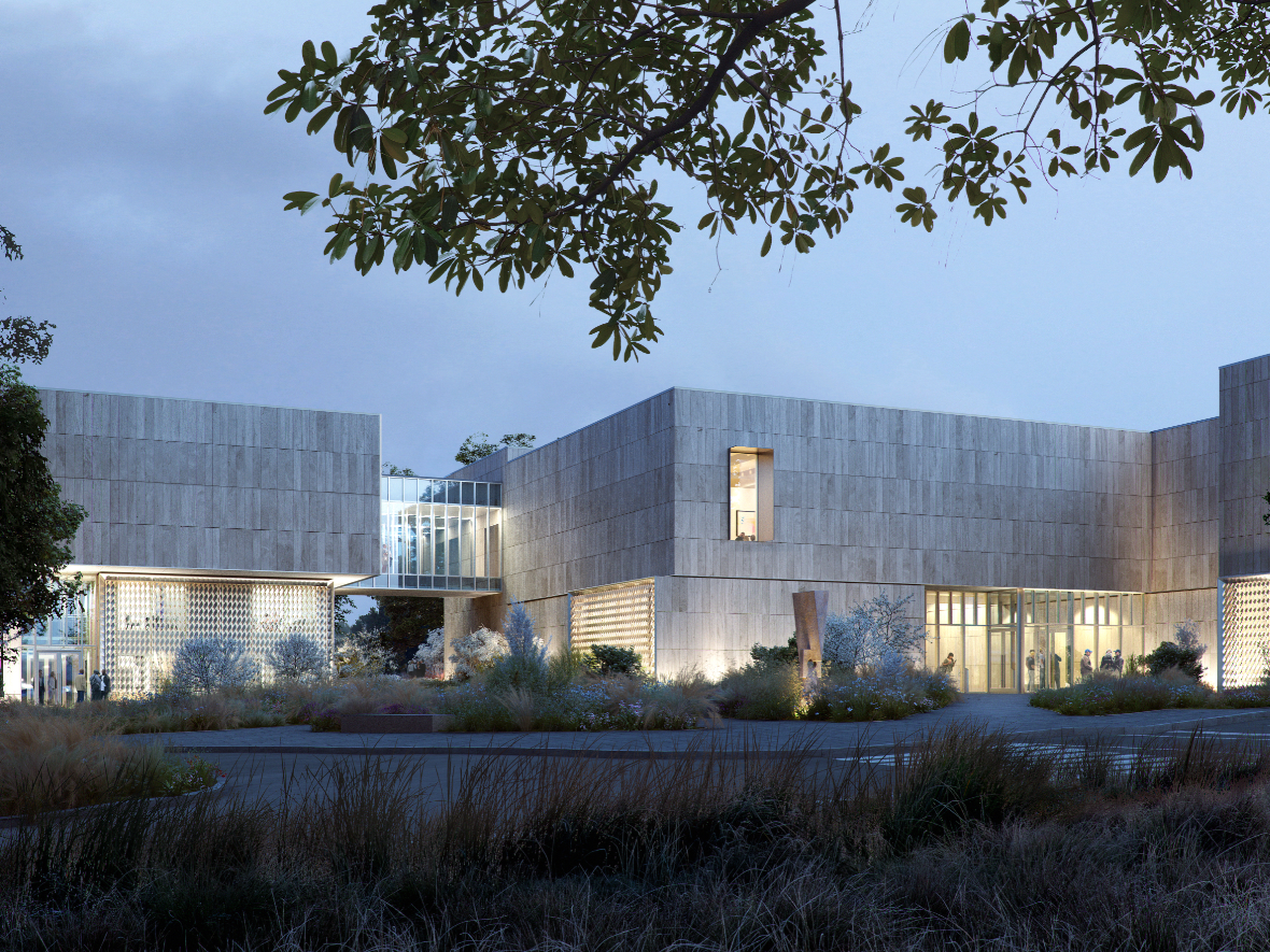 Rendering of the main entry plaza for the new Palmer Museum of Art