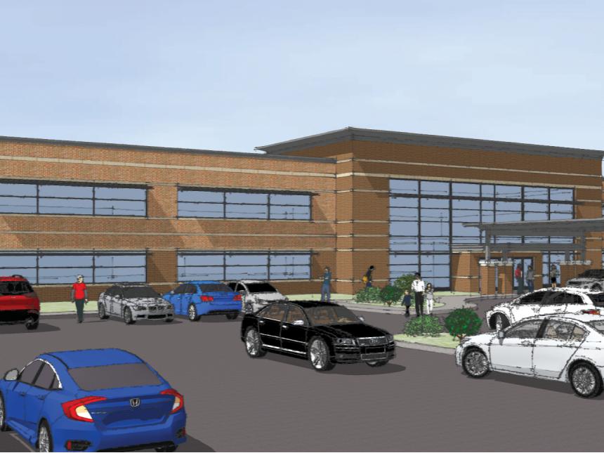 A color illustration depicting a two-story brick office building with several windows in front. Several cars are parked in front, along a curved driveway.
