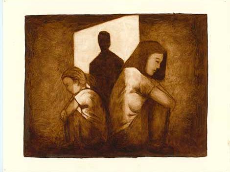 woman with ominous shadow in doorway