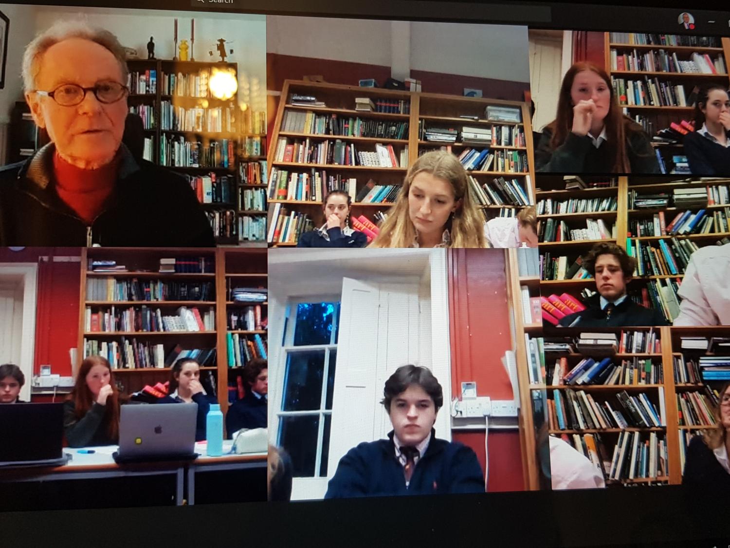 Professor emeritus Phil Mosley on a Teams virtual class session with students at norwich school