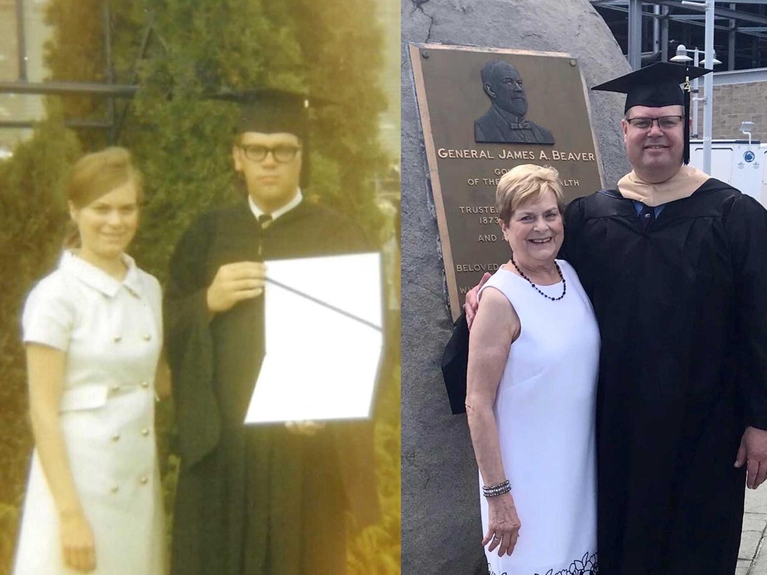 This photo shows a collage: A photo of 1969 with John Phillips III's mother and father at the Beaver memorial, and one from 2021 with Phillips and his mom at the same place.