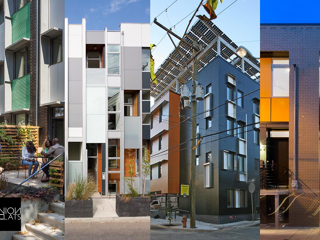 Four different buildings side-by-side in four-column format
