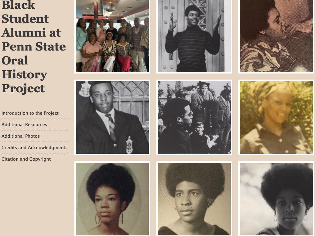 screenshot of Oral History Project page with nine photos of Penn State students