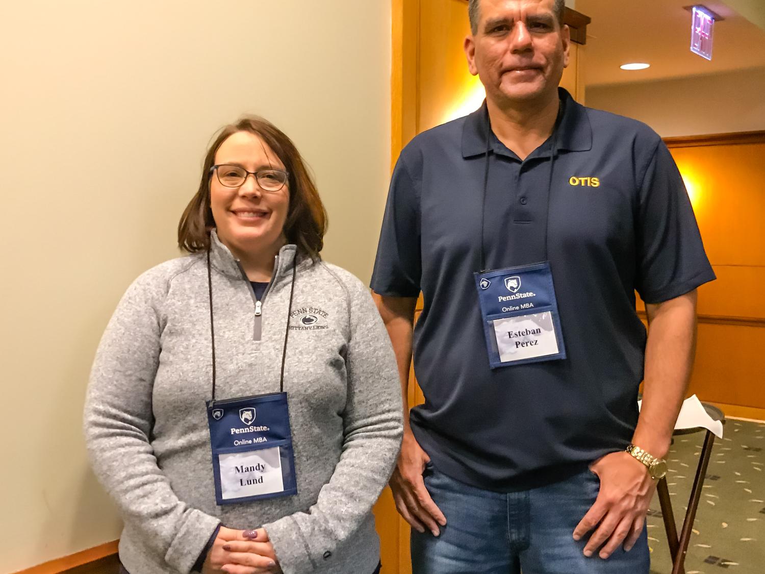 Otis supervisor Esteban Perez and his employee Mandy Lund transformed from colleagues to classmates when they enrolled in Penn State's online MBA together.