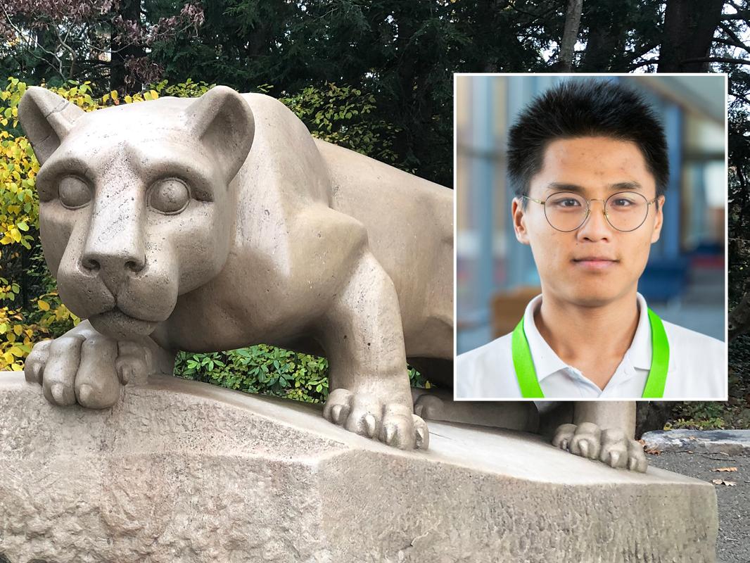 A head and shoulders portrait of graduate student Chen Wang against a background image of the lion statue at Penn State. 