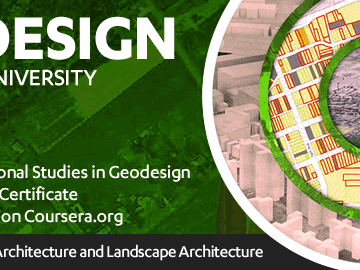 Colorful Geodesign program banner with green background and circular design elements  
