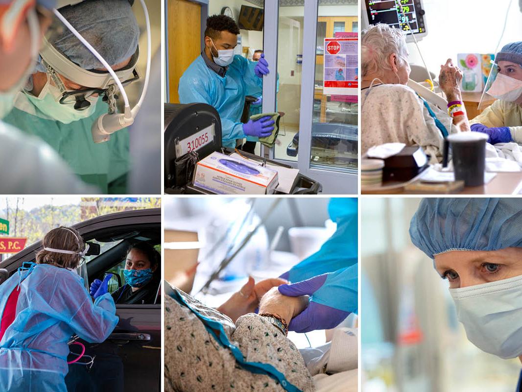 A mosaic consisting of six separate images, all of them depicting patient care in hospitals and other clinical settings.