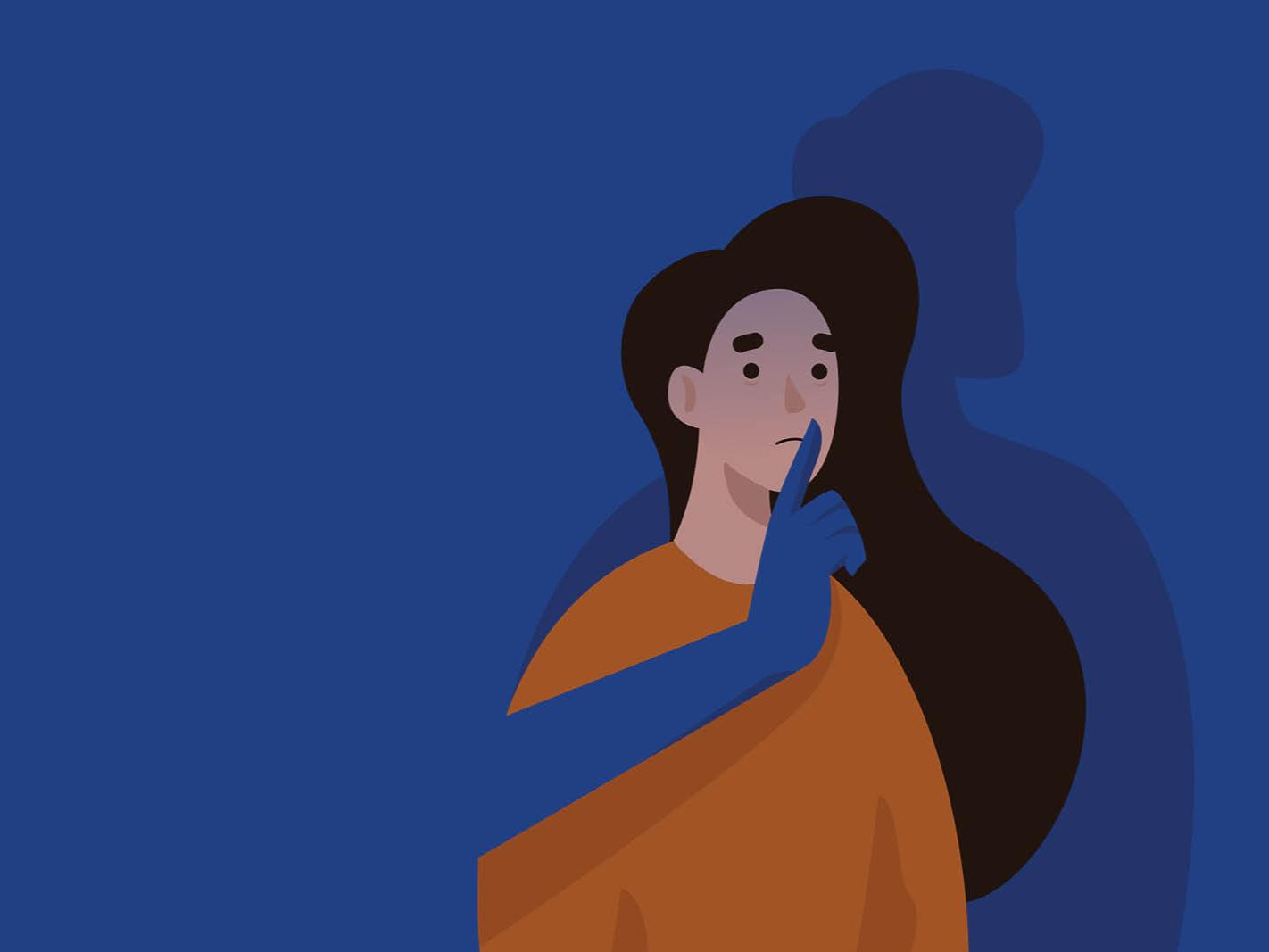 An illustration depicting a woman with a sad expression on her face. A shadowed figure stands behind her with its arm outstretched in front of her, with its index finger extended near her mouth.