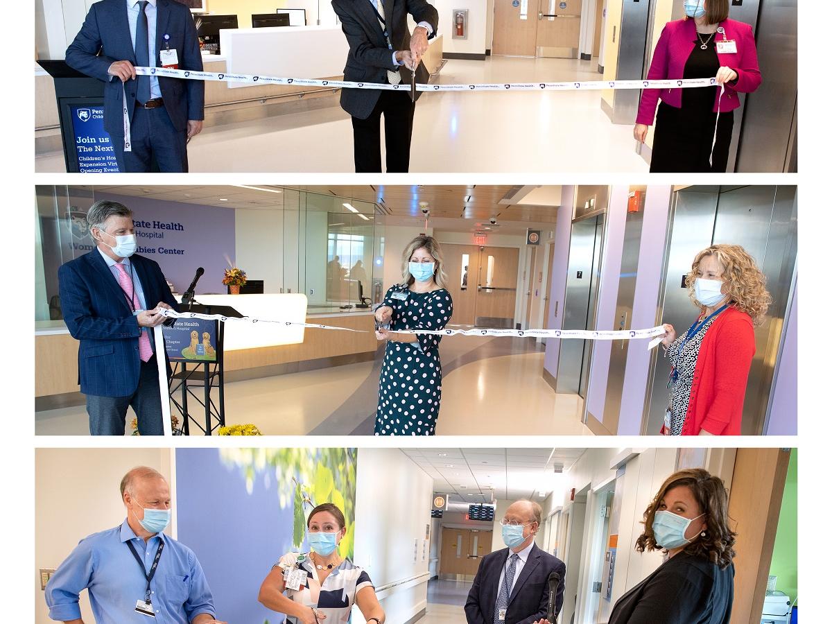 A collage shows three different ribbon cuttings on new floors of a hospital