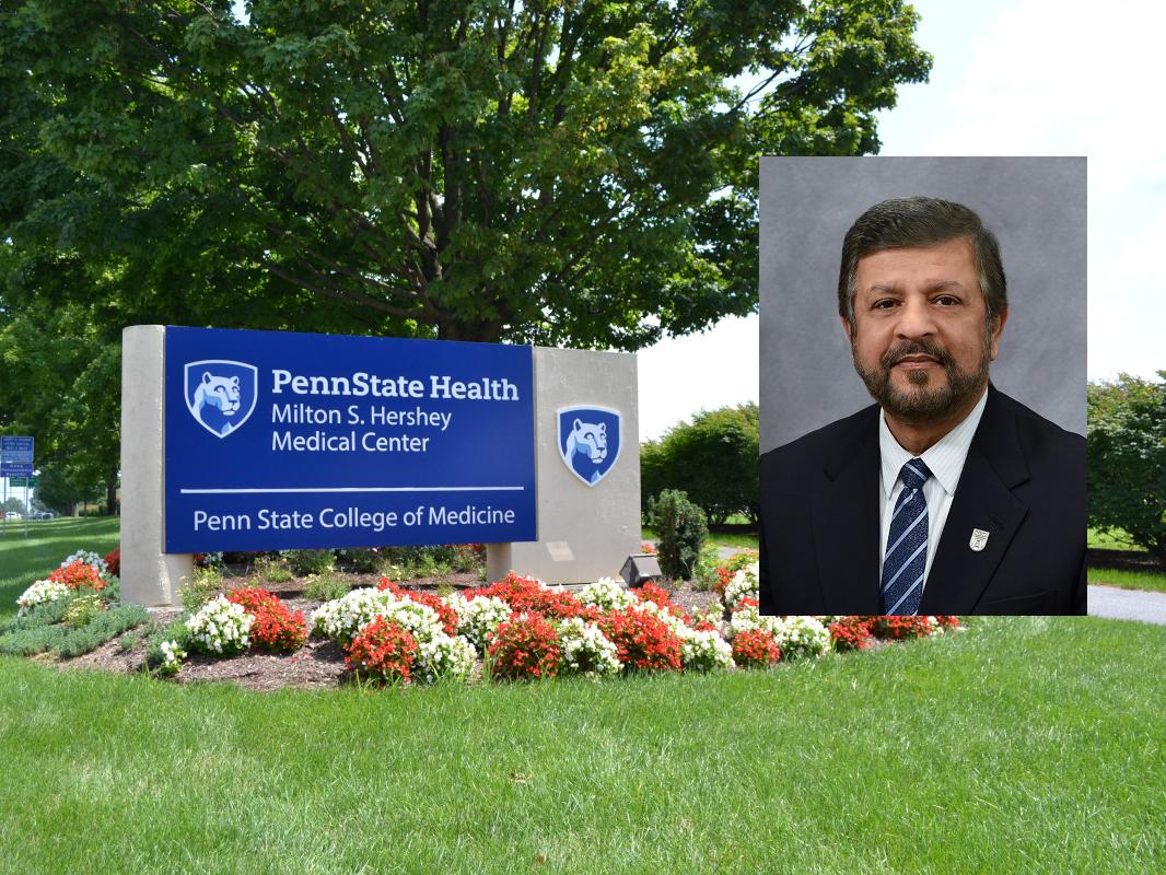 A head shot of a man smiling overlays a photo of the entrance of a College of Medicine