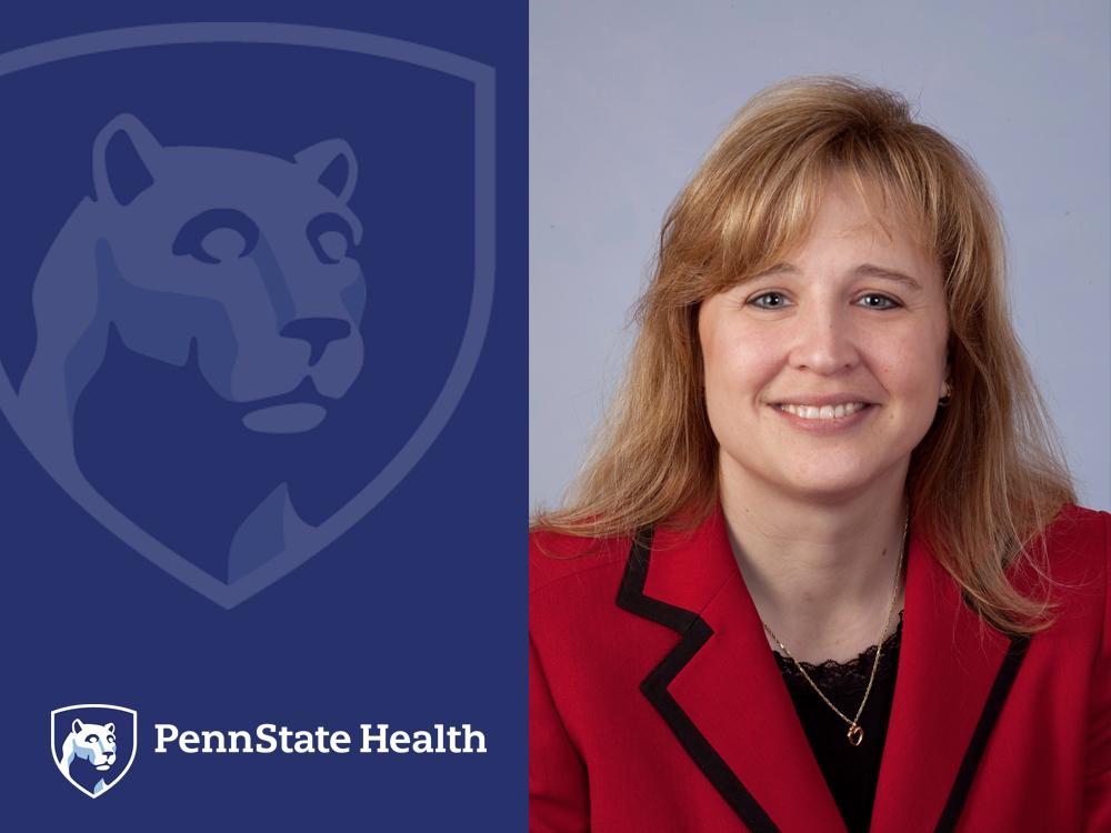 On the left, a Penn State Health logo. On the right, a woman smiles for a photo.