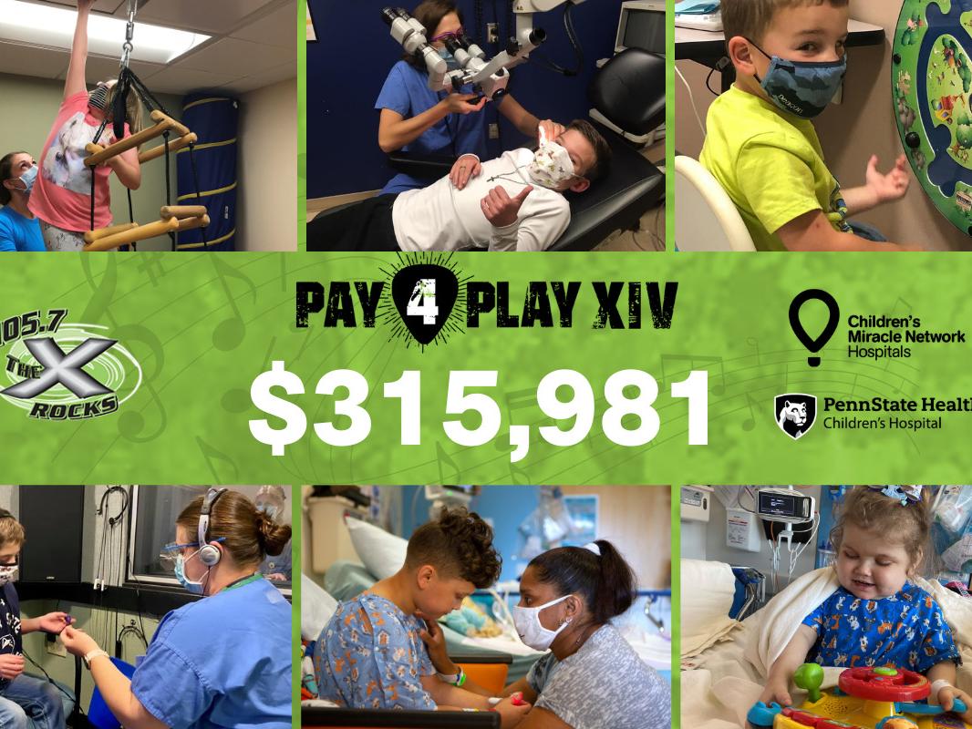 A photo collage of images from around Penn State Children's Hospital. In the middle are logos for 105.7 The X, CMN and Penn State Children's Hospital, as well as the dollar total: $315,981.