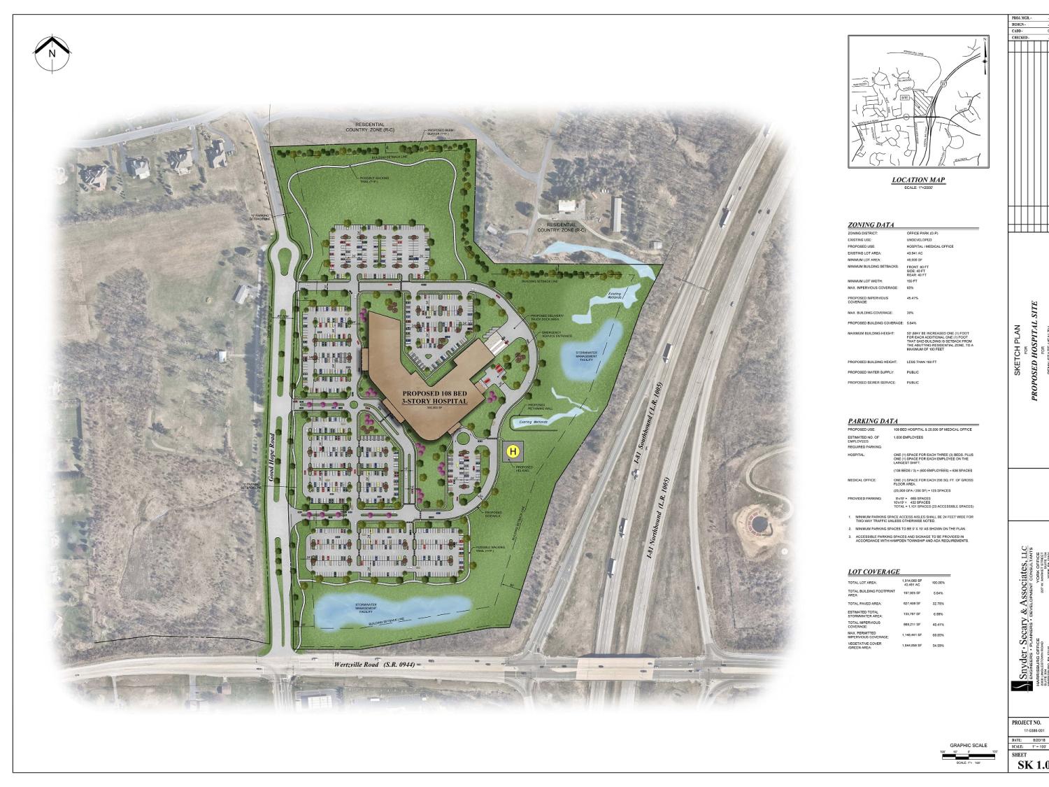 An aerial sketch of a proposed plan for a new hospital in Cumberland County, including a building, parking lot, and helipad.