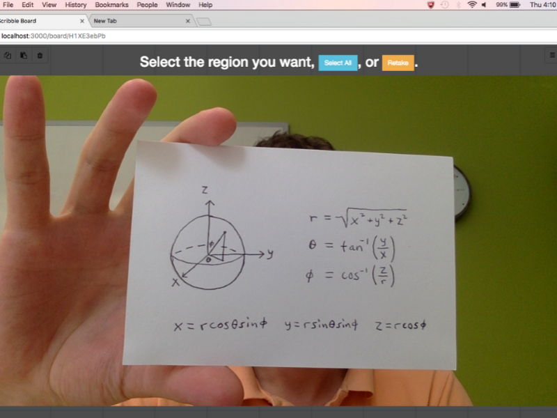 An individual is holding up a paper with mathematical diagrams on it to their laptop camera to take a picture of it through the Scratchwork application