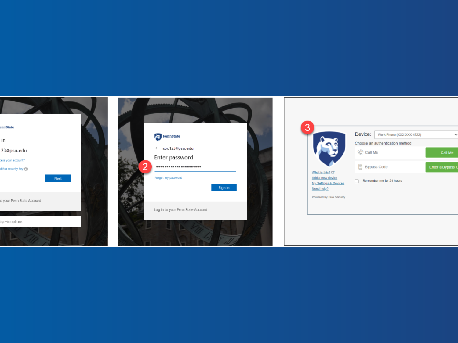 three screen captures of the Penn State sign-in process