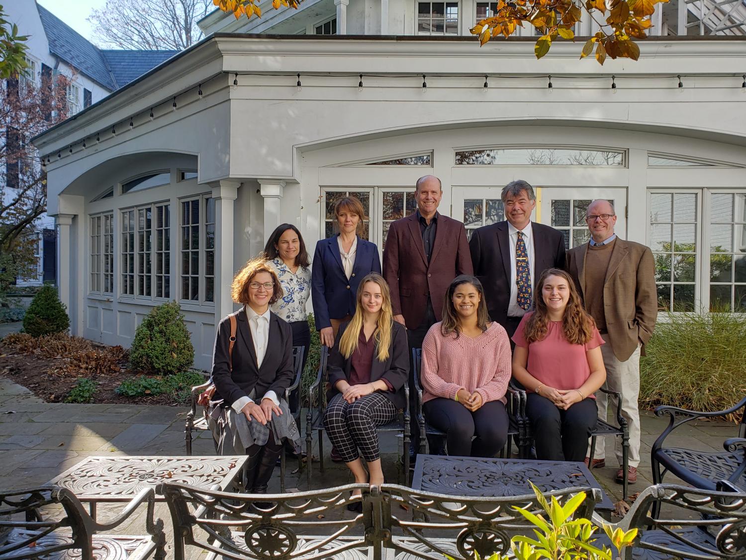 A group of people standing outside the Nittany Lion Inn