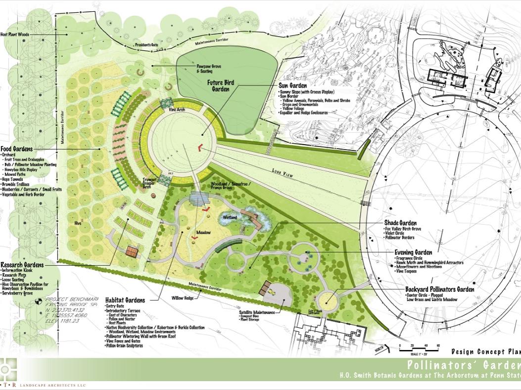 A design plan of the Arboretum including the new Pollinators' Garden