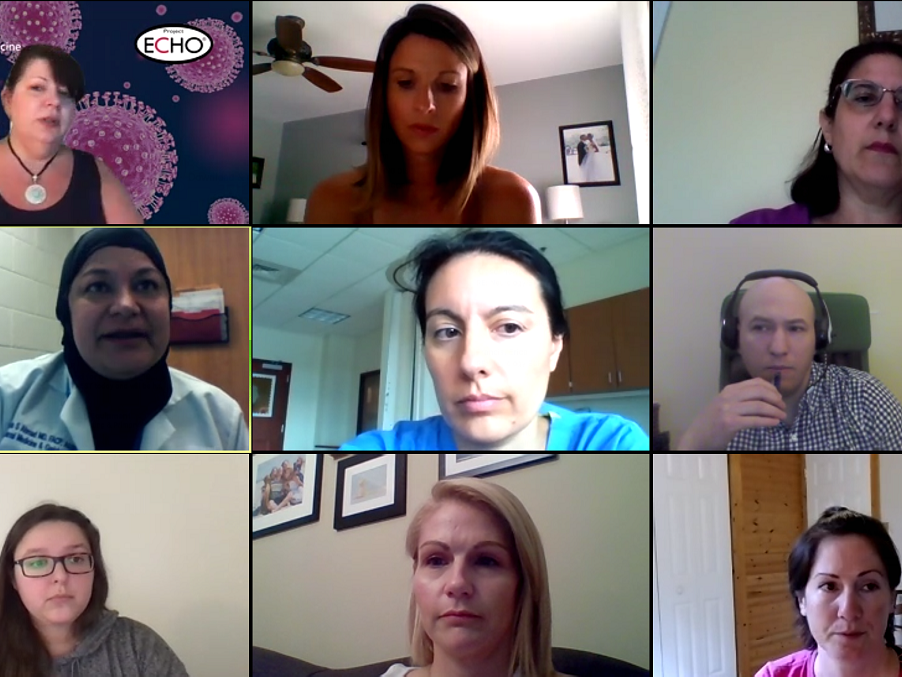 Nine people participate in a virtual meeting where information on preventing COVID-19 outbreaks in large skilled nursing facilities is discussed.