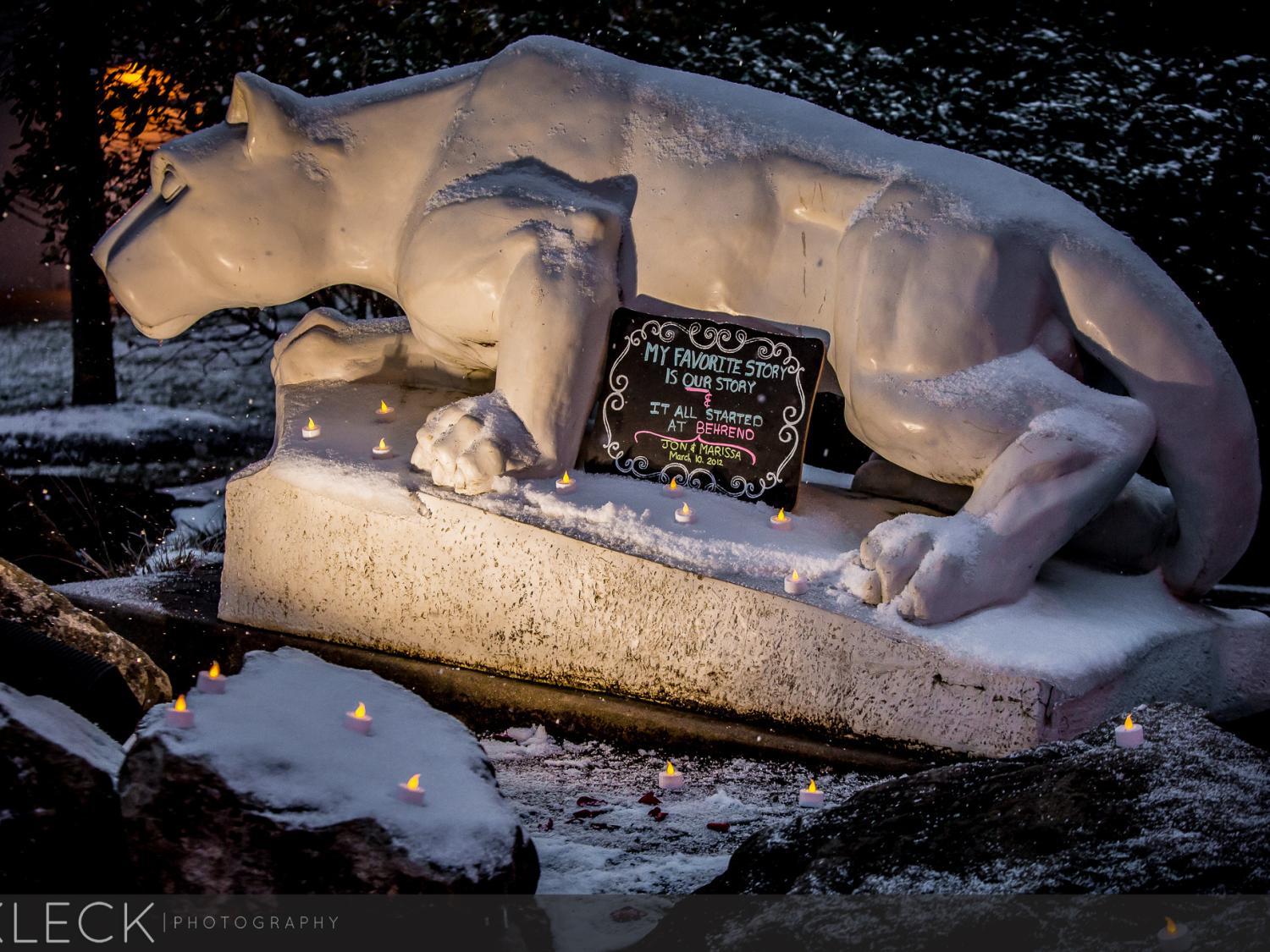 Penn State Behrend alumnus Jonathan Wolff proposed to his girlfriend of more than three years, fellow alum Marissa Morrissette, this past November in front of the Behrend lion shrine. 