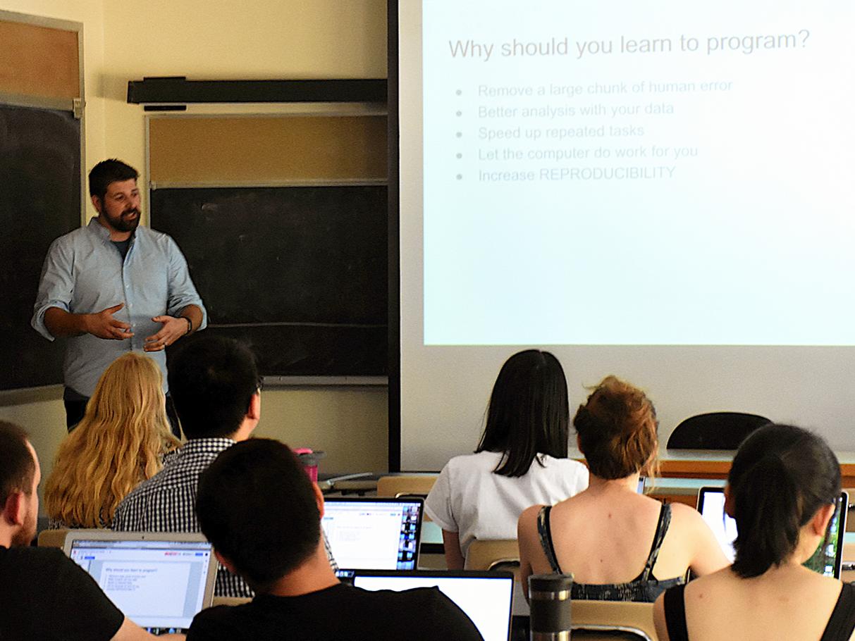 Patrick Dudas giving Python coding presentation