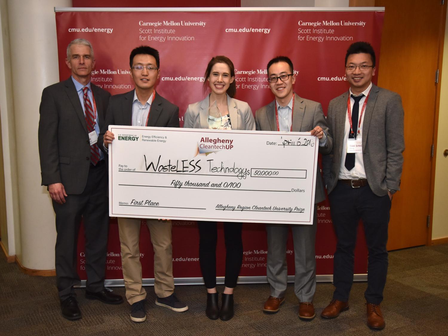 The team's mentor, Tim Hurley, mechanical engineering doctoral students Nan Sun, Birgitt Boschitsch, and Jing Wang, and Tak-Sing Wong, assistant professor of mechanical engineering.