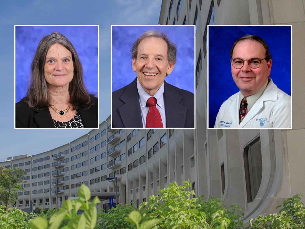 Professional headshots of Patricia McLaughlin, Dr. Joseph Sassani and Ian Zagon are positioned over a stock image of Hershey Medical Center.
