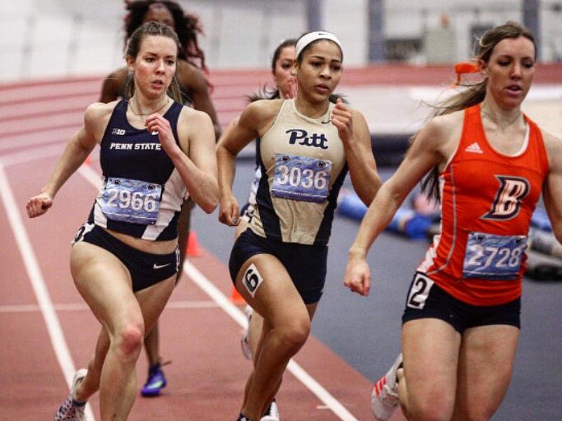 Rachel DeCecco, far left, competes against runners from the University of Pittsburgh and Bucknell University