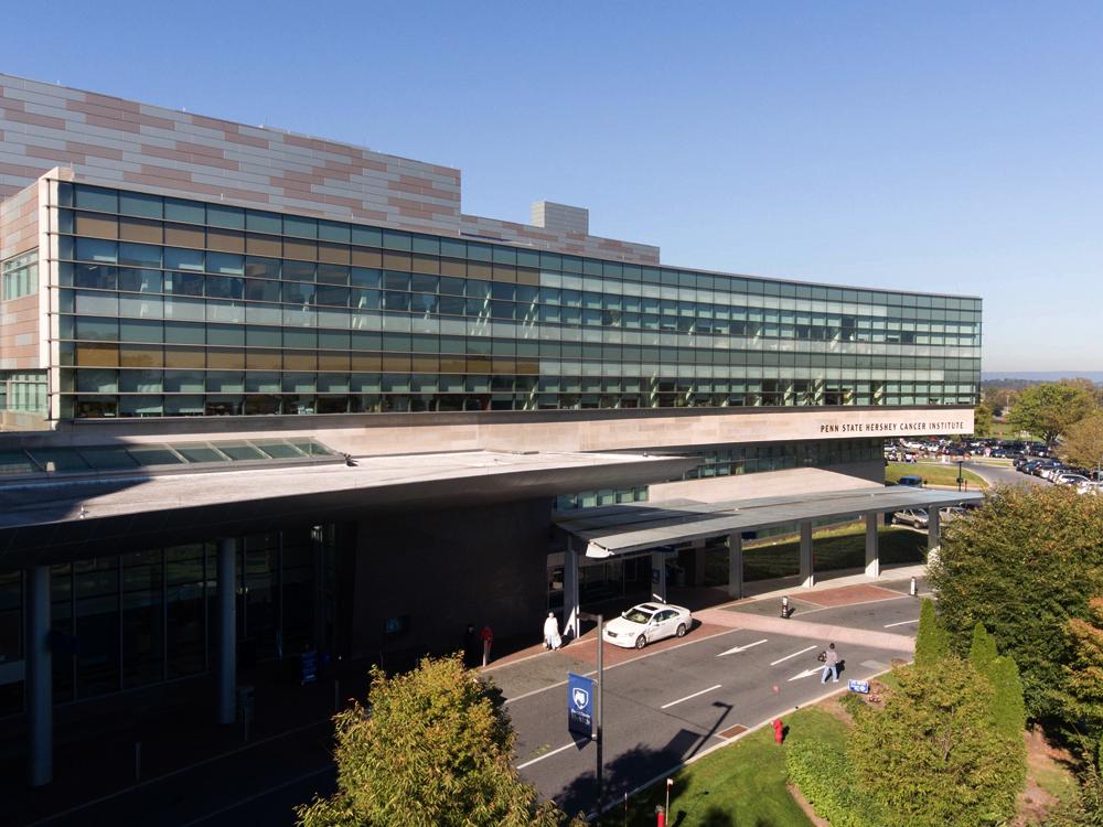 An external view of the Penn State Cancer Institute building in Hershey, Pa.