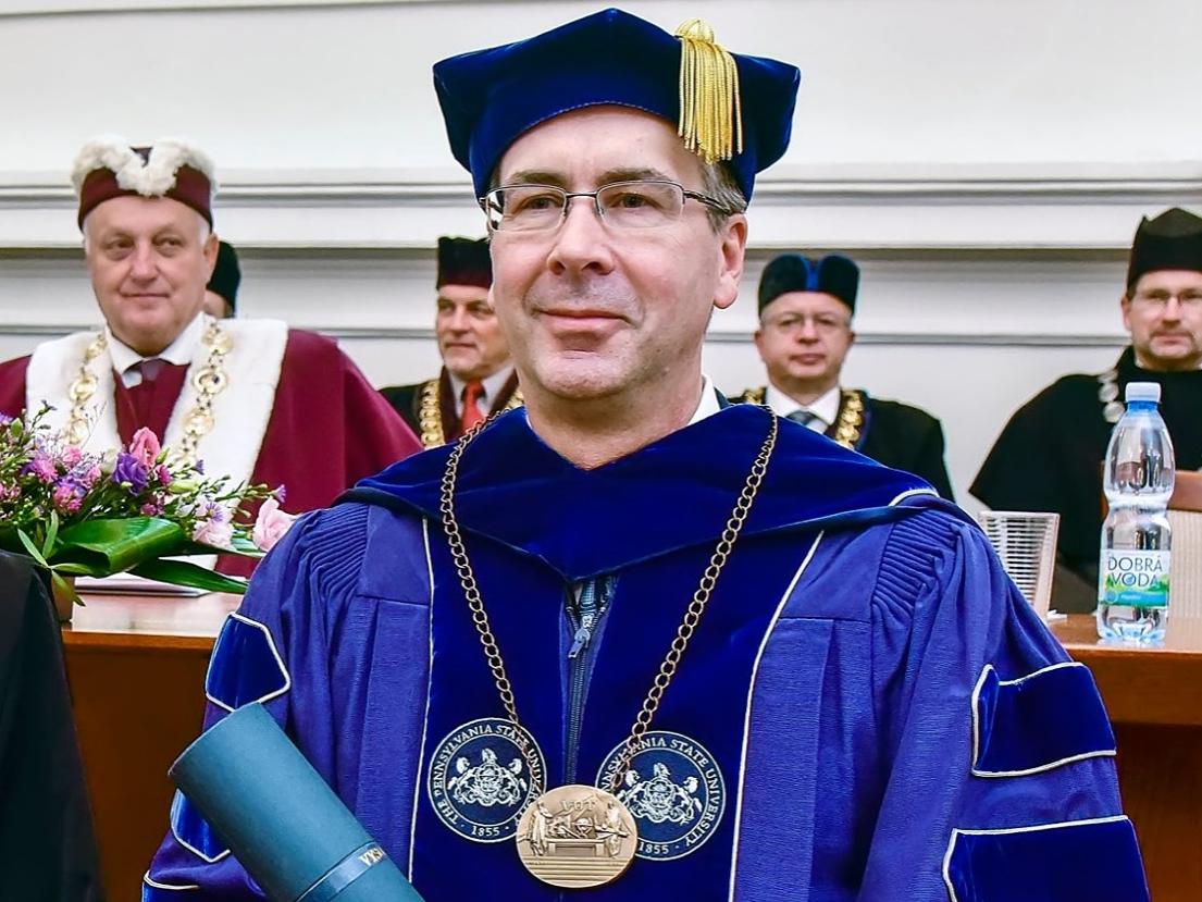 Penn State Behrend Chancellor Ralph Ford receiving an honorary doctorate at Brno Univeristy.