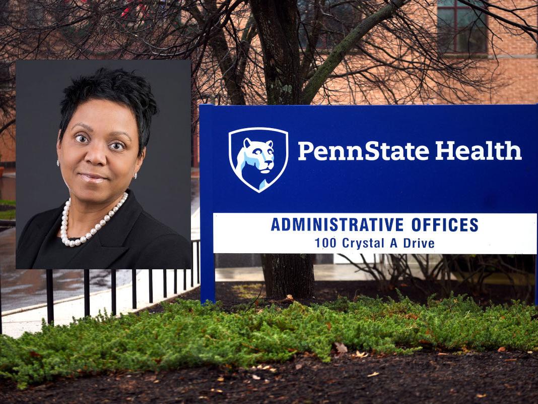 A photo of a woman smiling overlaid on a a photo of the front of an administrative building