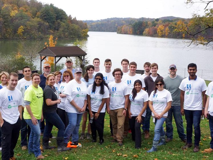 Members of Penn State's Positive Energy and Range Resources employees gather at Cross Creek County Park in Avella, Pennsylvania (Washington County).